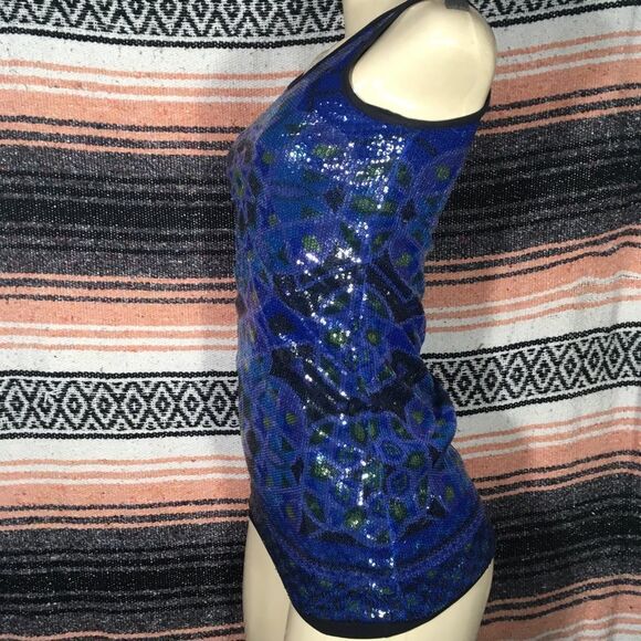 NICOLE MILLER BLUE TRIBAL SEQUINS TANK TOP SMALL - Picture 3 of 14